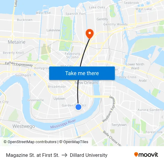 Magazine St. at First St. to Dillard University map