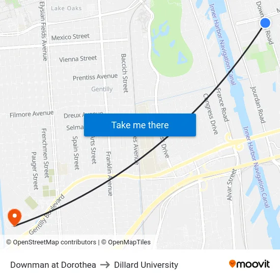 Downman at Dorothea to Dillard University map