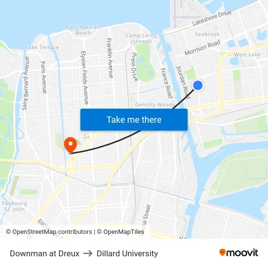 Downman at Dreux to Dillard University map