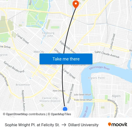 Sophie Wright Pl. at Felicity St. to Dillard University map