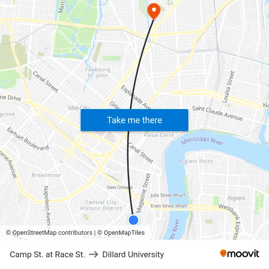 Camp St. at Race St. to Dillard University map