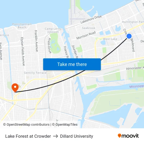 Lake Forest at Crowder to Dillard University map