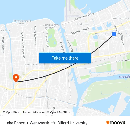 Lake Forest + Wentworth to Dillard University map