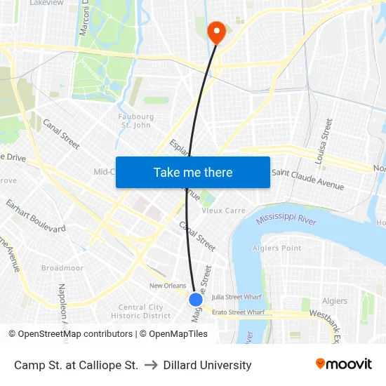 Camp St. at Calliope St. to Dillard University map