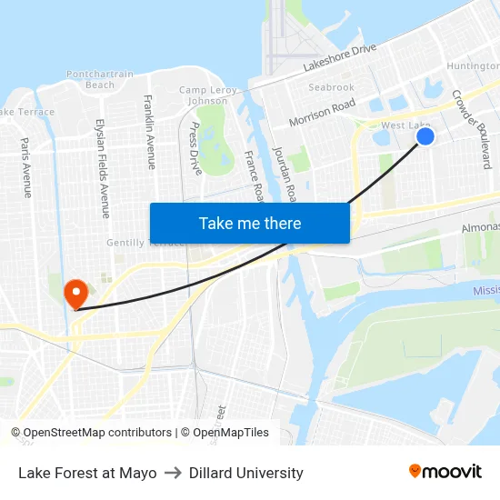 Lake Forest at Mayo to Dillard University map