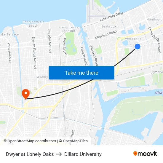 Dwyer at Lonely Oaks to Dillard University map
