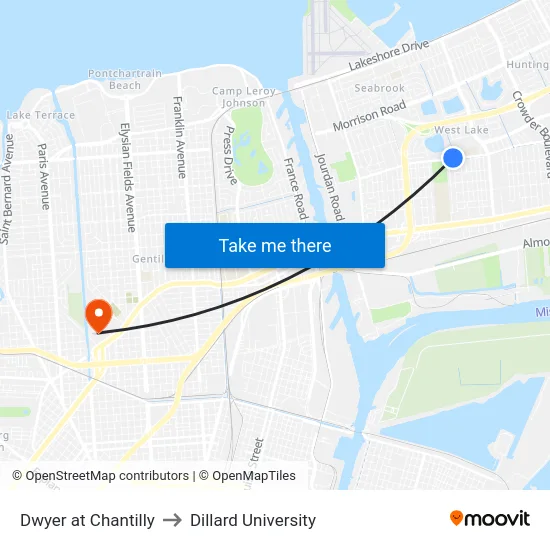 Dwyer at Chantilly to Dillard University map