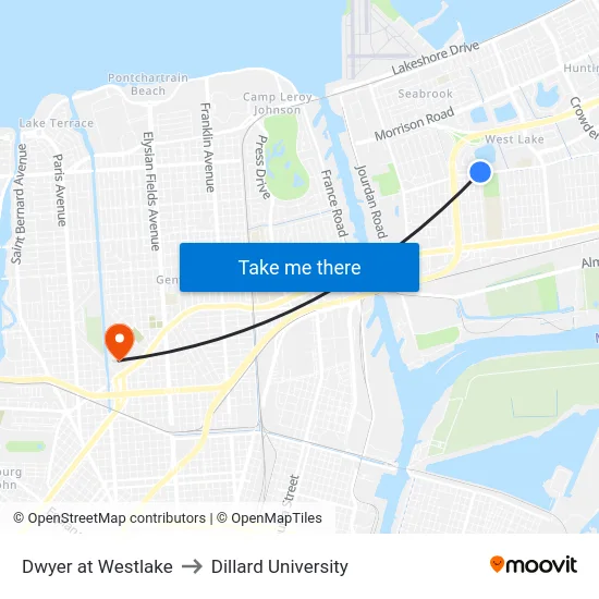 Dwyer at Westlake to Dillard University map