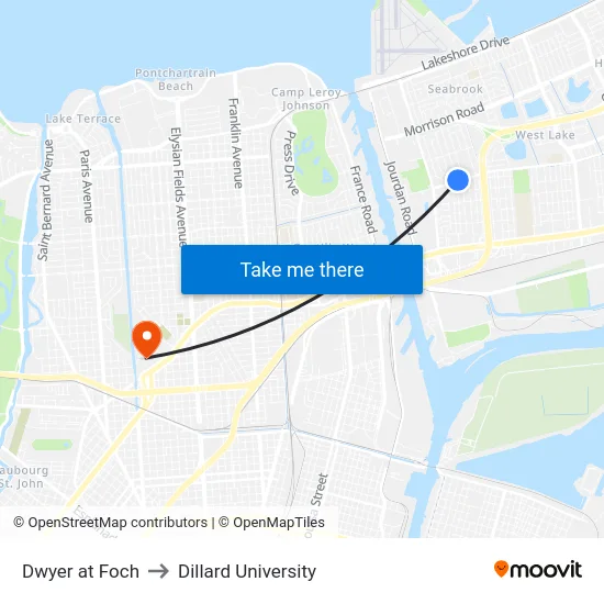 Dwyer at Foch to Dillard University map
