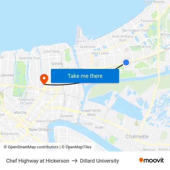 Chef Highway at Hickerson to Dillard University map