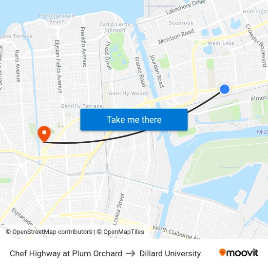 Chef Highway at Plum Orchard to Dillard University map