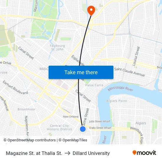 Magazine St. at Thalia St. to Dillard University map