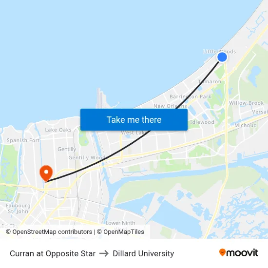 Curran at Opposite Star to Dillard University map