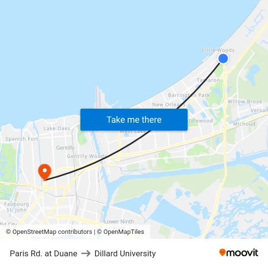 Paris Rd. at Duane to Dillard University map