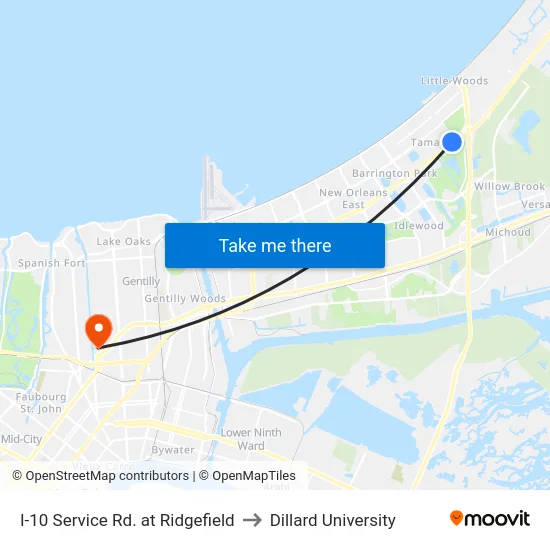 I-10 Service Rd. at Ridgefield to Dillard University map