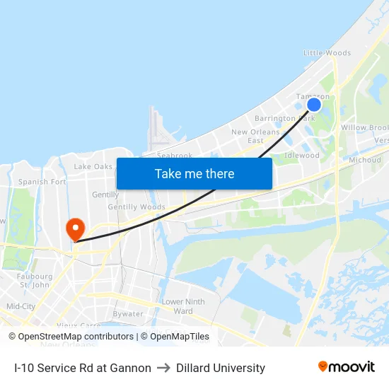I-10 Service Rd at Gannon to Dillard University map