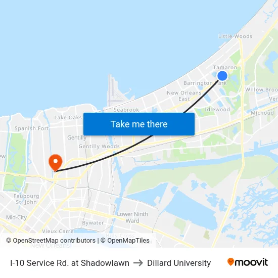 I-10 Service Rd. at Shadowlawn to Dillard University map