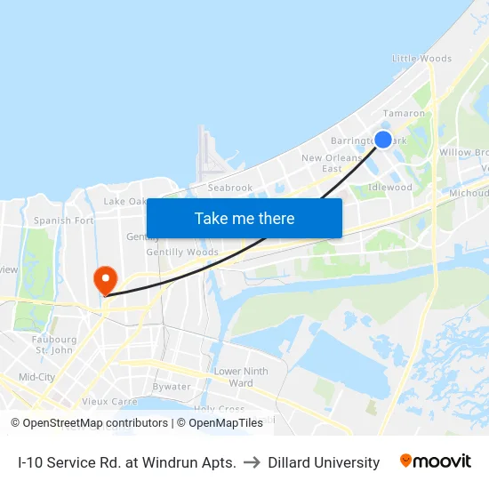 I-10 Service Rd. at Windrun Apts. to Dillard University map