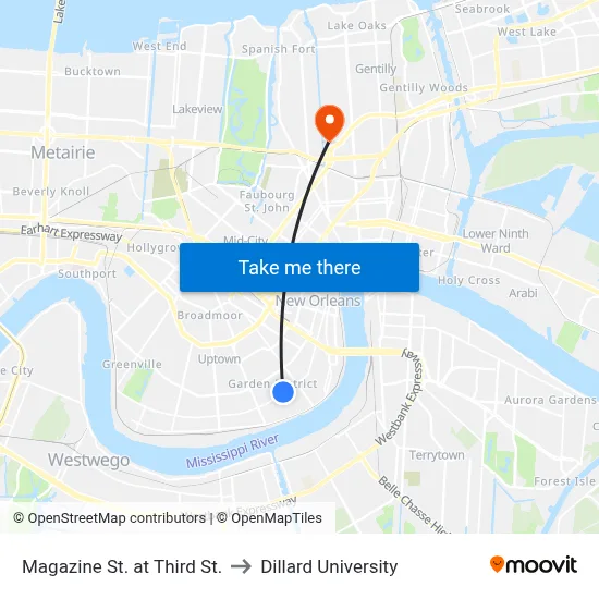 Magazine St. at Third St. to Dillard University map