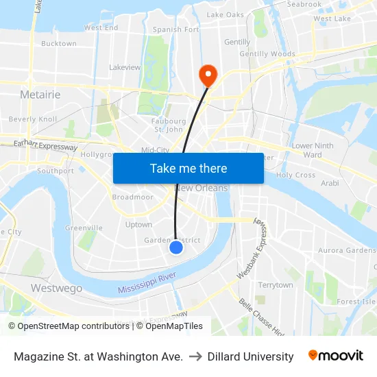 Magazine St. at Washington Ave. to Dillard University map