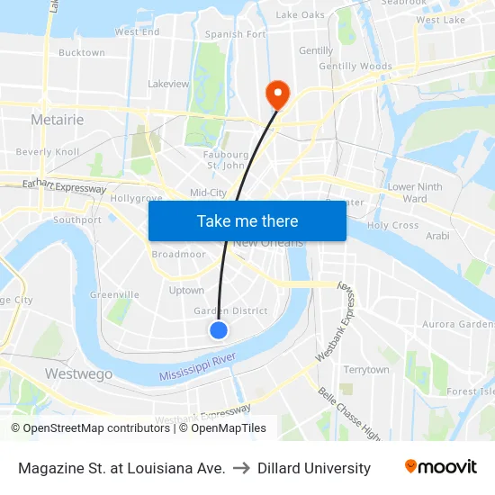 Magazine St. at Louisiana Ave. to Dillard University map