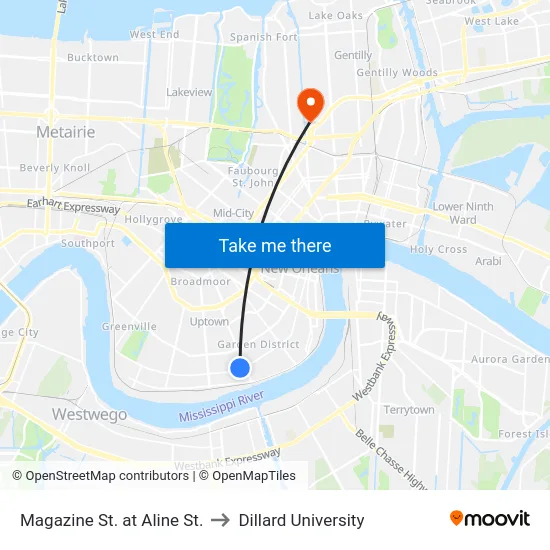 Magazine St. at Aline St. to Dillard University map