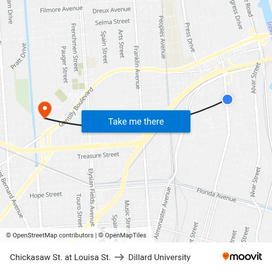 Chickasaw St. at Louisa St. to Dillard University map