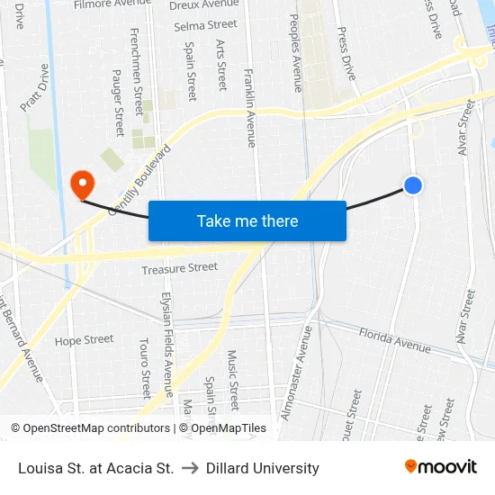 Louisa St. at Acacia St. to Dillard University map