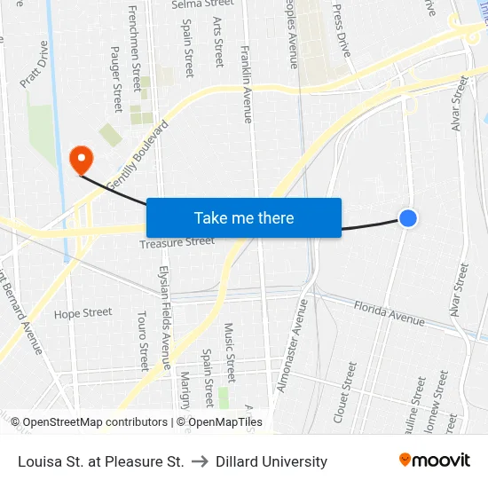 Louisa St. at Pleasure St. to Dillard University map
