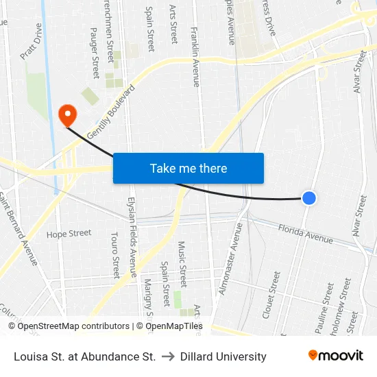 Louisa St. at Abundance St. to Dillard University map