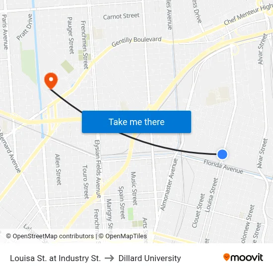 Louisa St. at Industry St. to Dillard University map