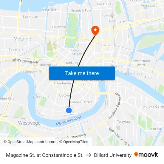 Magazine St. at Constantinople St. to Dillard University map