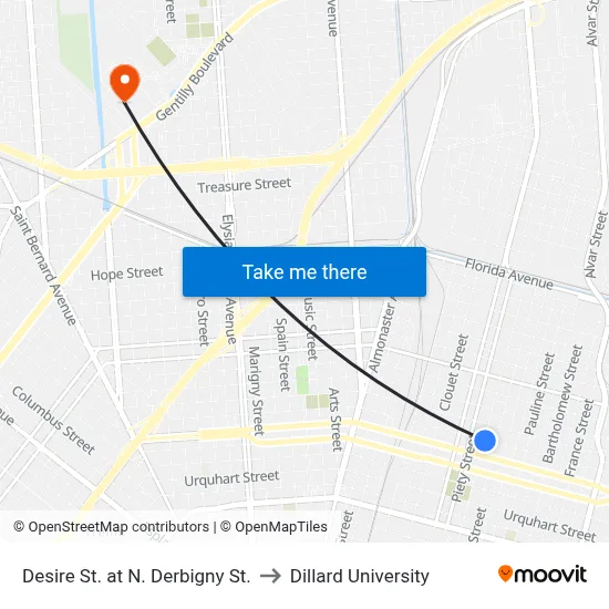 Desire St. at N. Derbigny St. to Dillard University map
