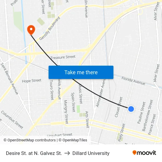 Desire St. at N. Galvez St. to Dillard University map