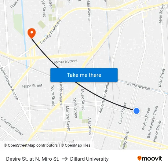 Desire St. at N. Miro St. to Dillard University map