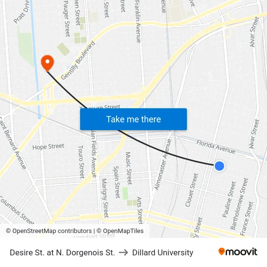 Desire St. at N. Dorgenois St. to Dillard University map