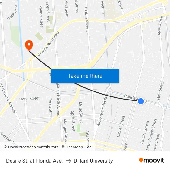 Desire St. at Florida Ave. to Dillard University map