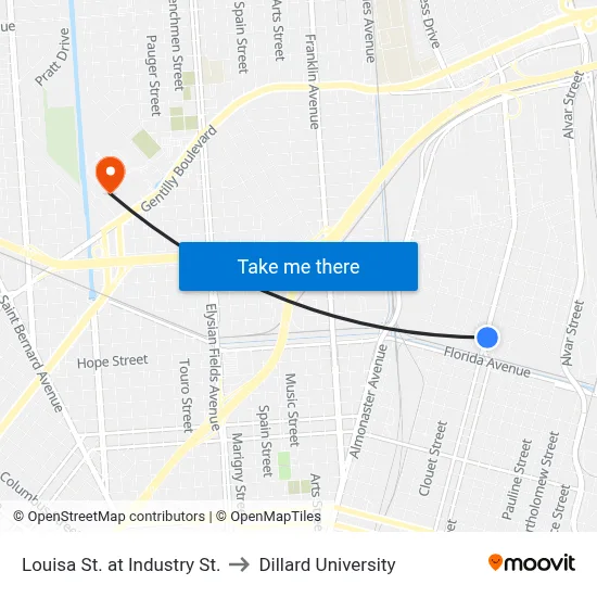Louisa St. at Industry St. to Dillard University map