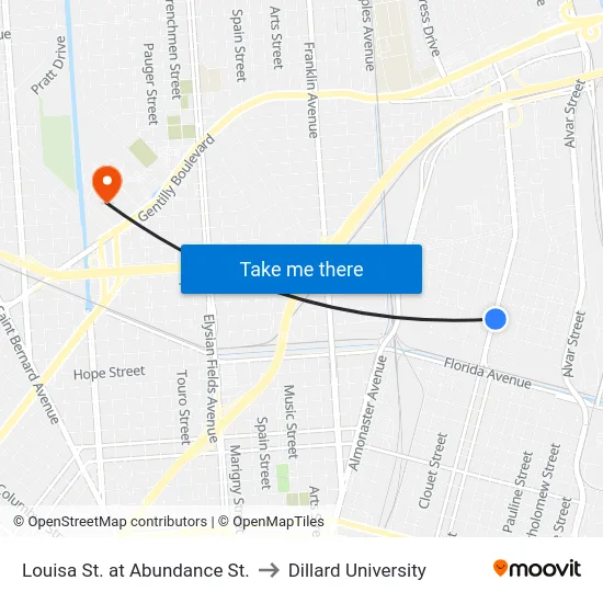 Louisa St. at Abundance St. to Dillard University map