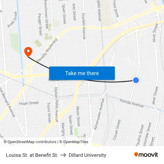 Louisa St. at Benefit St. to Dillard University map