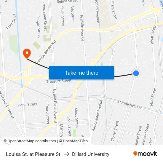 Louisa St. at Pleasure St. to Dillard University map