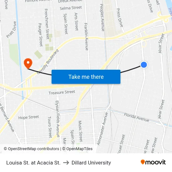 Louisa St. at Acacia St. to Dillard University map