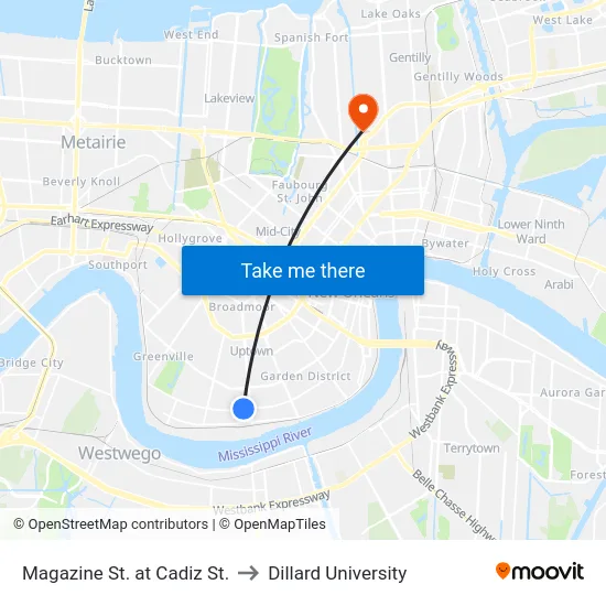 Magazine St. at Cadiz St. to Dillard University map