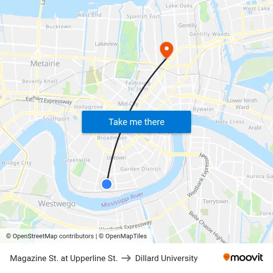 Magazine St. at Upperline St. to Dillard University map
