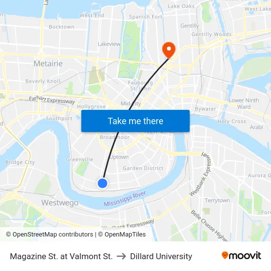 Magazine St. at Valmont St. to Dillard University map