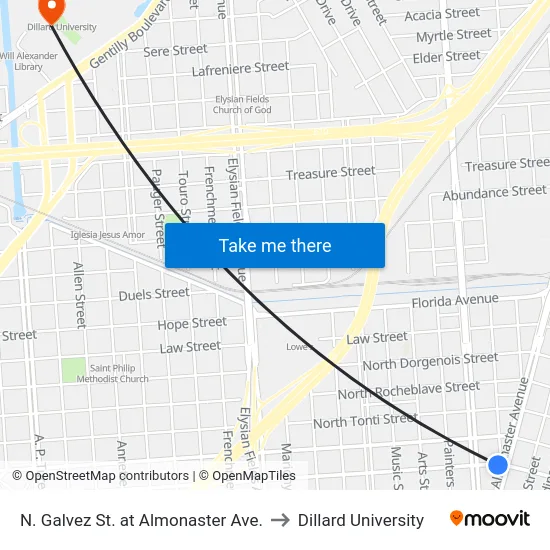 N. Galvez St. at Almonaster Ave. to Dillard University map