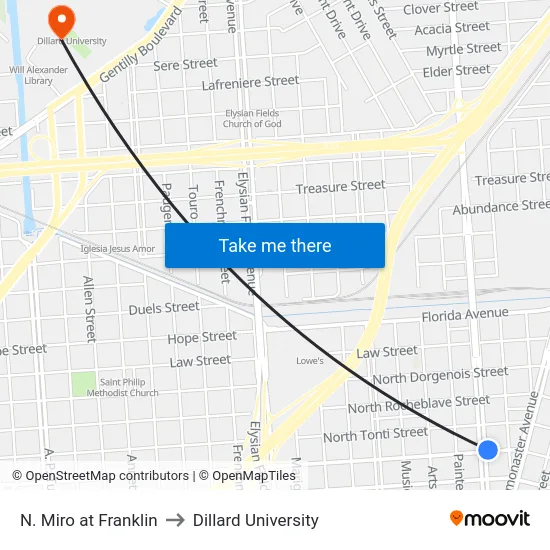 N. Miro at Franklin to Dillard University map