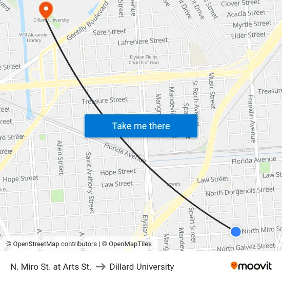 N. Miro St. at Arts St. to Dillard University map