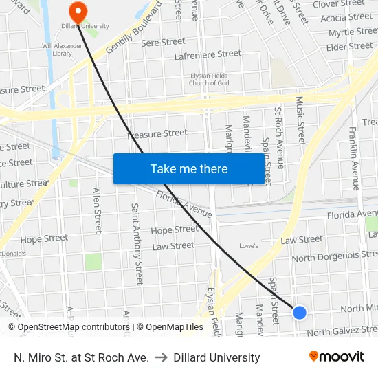 N. Miro St. at St Roch Ave. to Dillard University map