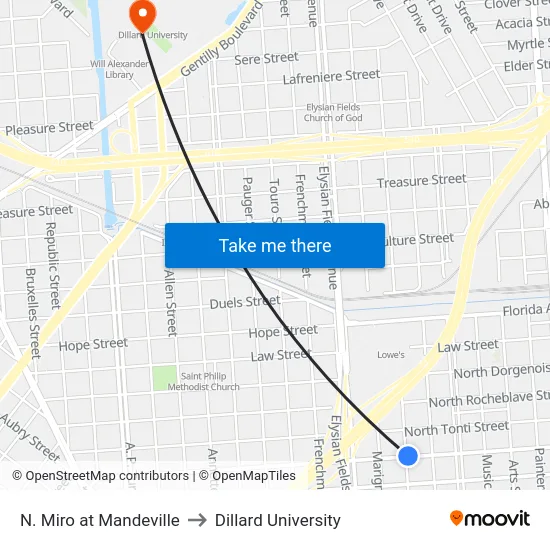 N. Miro at Mandeville to Dillard University map